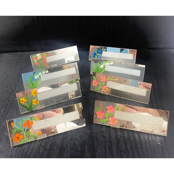 8 Vintage Glass Craft Line Mirrored Placecards With Hand-Painted Flowers Origina - Picture 3 of 4